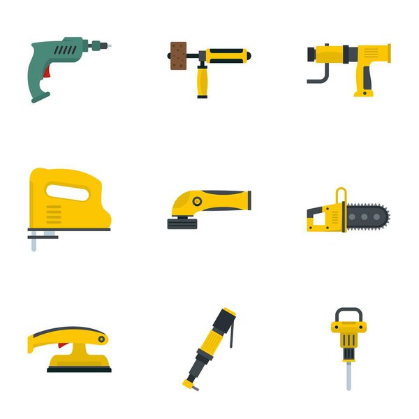 Power tool icon set, flat style