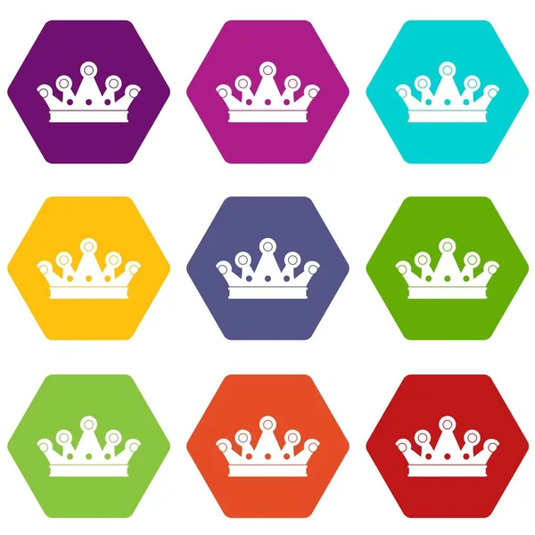 Couronne royale icône ensemble couleur hexaèdre — Image vectorielle