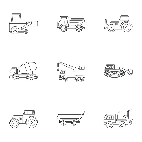 Set di icone per veicoli pesanti da costruzione, stile contorno — Vettoriale Stock