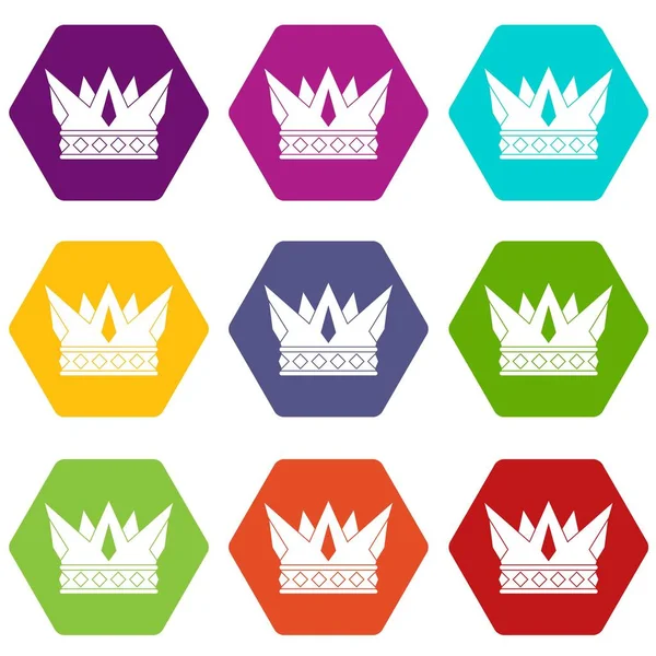 Conjunto de iconos de corona engranaje hexaedro color — Vector de stock