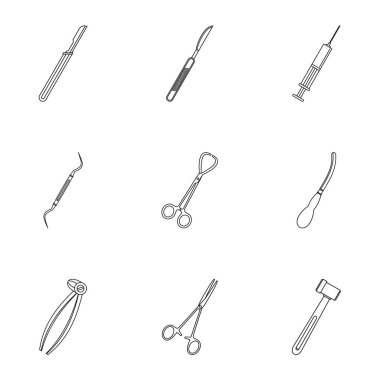 İşlem ameliyat araçları simge seti, anahat stili