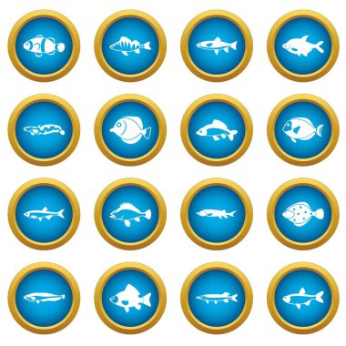 Sevimli balık simgeleri mavi daire seti