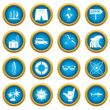 Sörf simgeler daire kümesi üzerinde beyaz dijital pazarlama için izole mavi