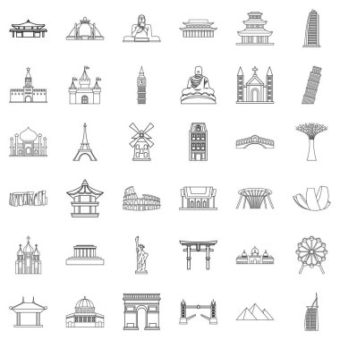 Ülke mimari Icons set, anahat stili