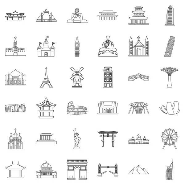 Ülke mimari Icons set, anahat stili