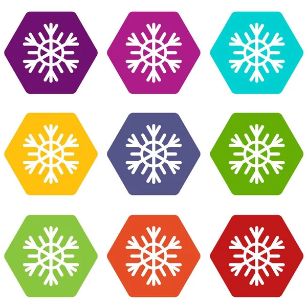 Ikona śnieżynki ustawić kolor pręt sześciokątny — Wektor stockowy