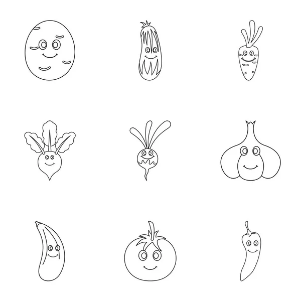 Conjunto de iconos de emoji de verduras divertidas, estilo de esquema — Vector de stock