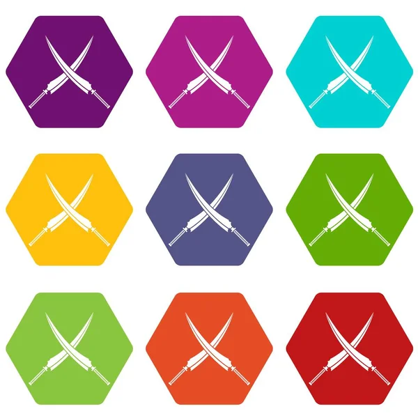 Épées samouraïs icône set couleur hexaèdre — Image vectorielle