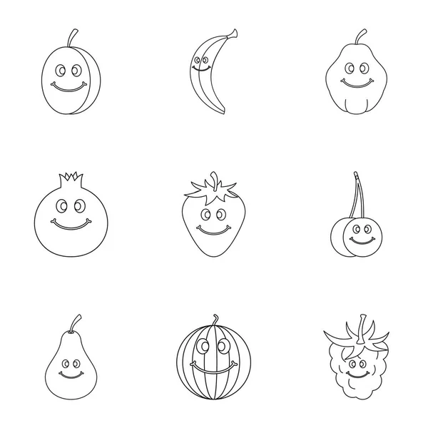 Conjunto de iconos de cara de fruta linda, estilo de esquema — Vector de stock