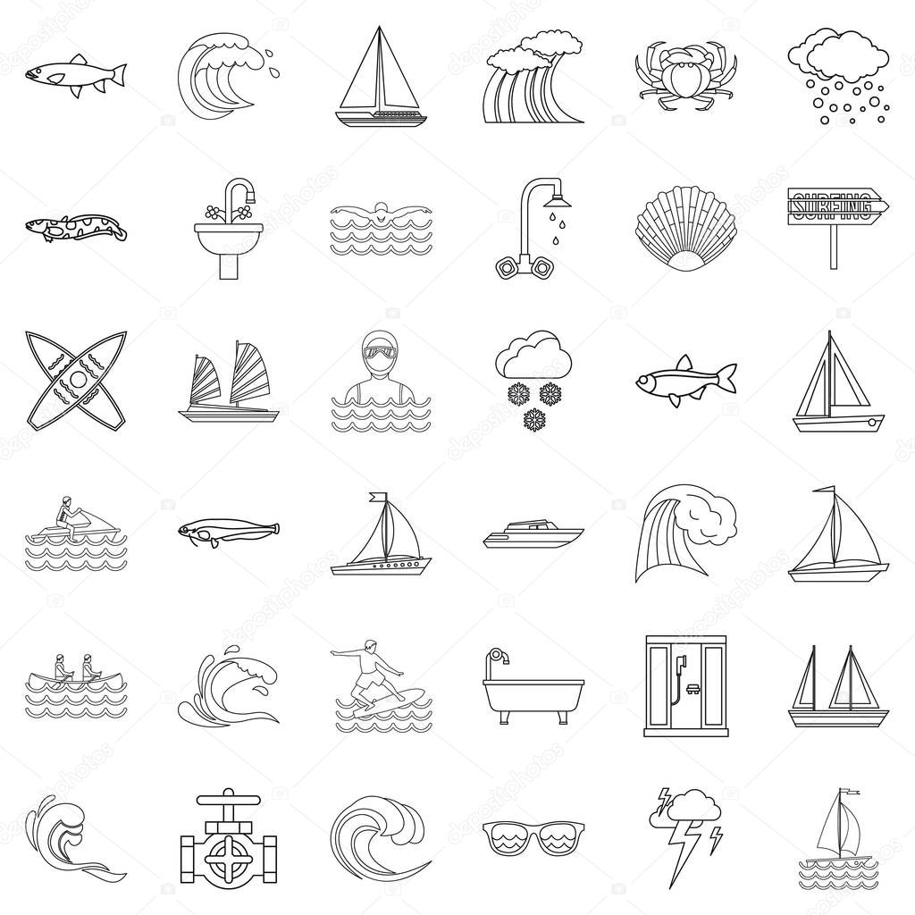Ocean icons set, outline style