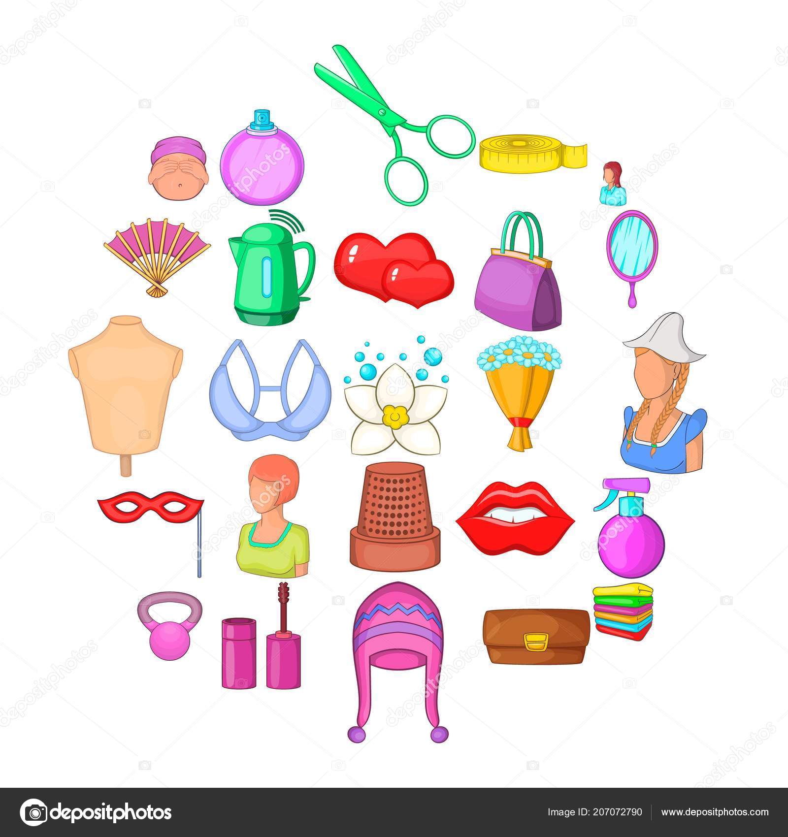 Mujeres cosas los iconos conjunto, estilo de dibujos animados — Vector