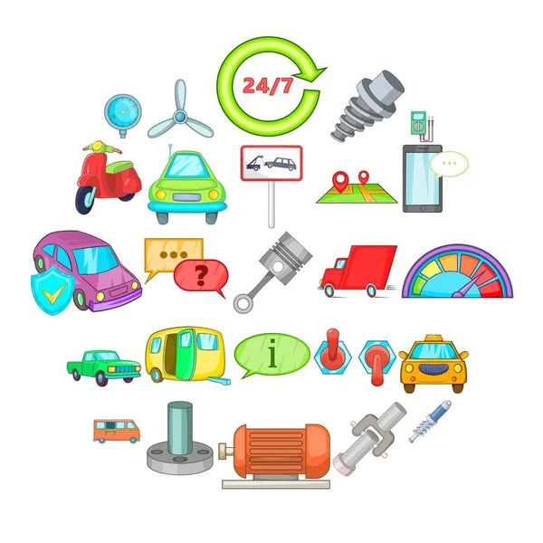 Conjunto de iconos de mantenimiento de coches, estilo de dibujos animados — Vector de stock