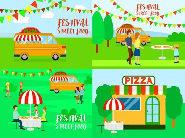 Pizza Festivali Mama afiş kavramı seti, düz stil