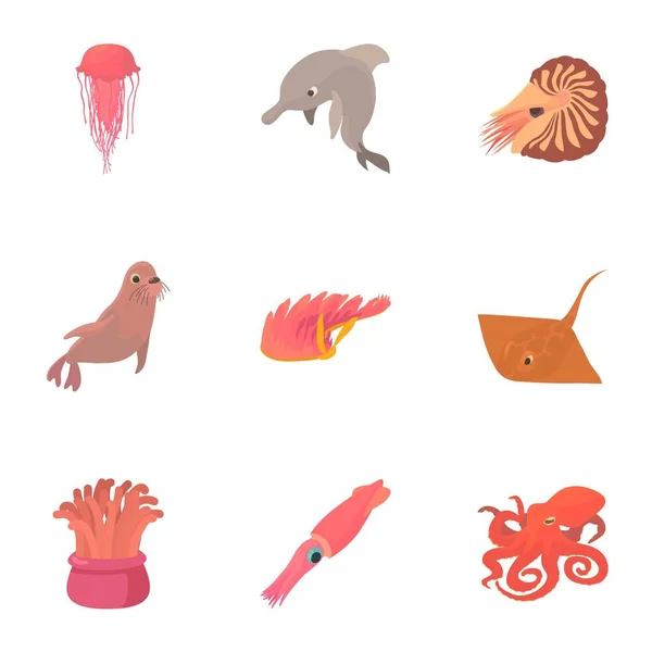 Conjunto de iconos de vida marina residentes, estilo de dibujos animados — Archivo Imágenes Vectoriales