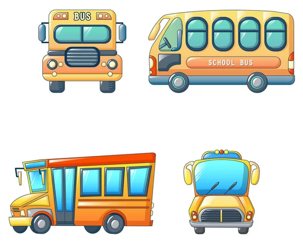 Bus scolaire retour enfants icônes ensemble, style dessin animé — Image vectorielle