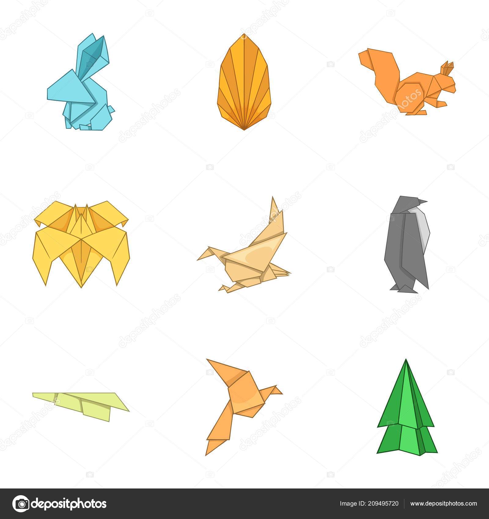 Origami Abbildung Icons Set Cartoon Stil Stockvektor