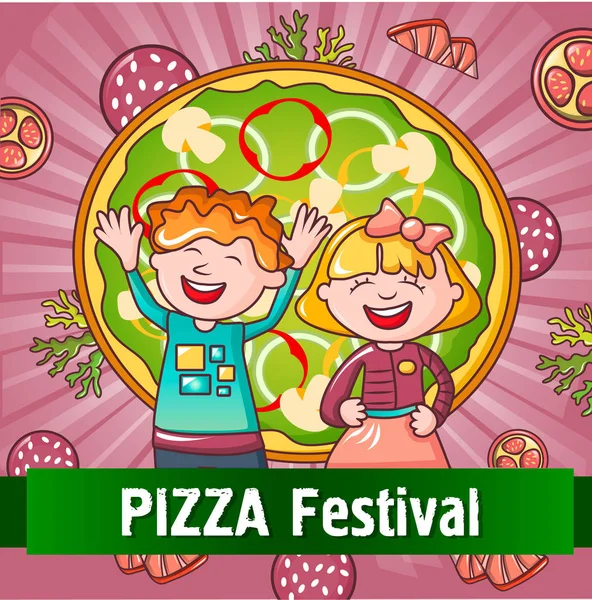 Happy kids pizza concept festival fond, dessin animé style — Image vectorielle