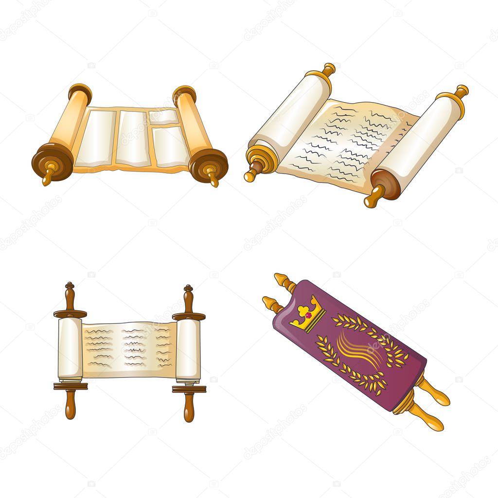 Torah scroll bible icons set, cartoon style