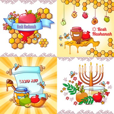 Rosh Hashanah afiş kavram kümesi, karikatür tarzı