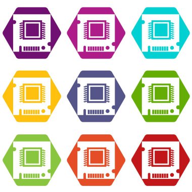 9 vektör entegre mikroçip Icons set