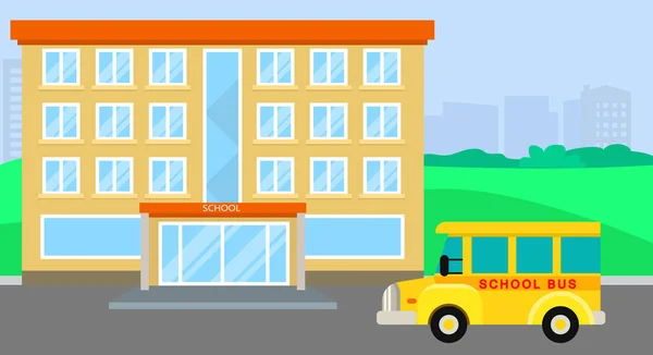 Escola de ônibus chegando fundo, estilo plano —  Vetores de Stock