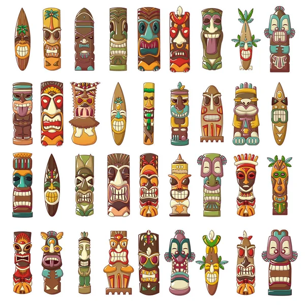 Ensemble d'icônes des idoles Tiki, style dessin animé — Image vectorielle