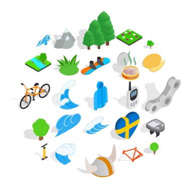 Doğa Icons set, izometrik tarzı ile birlik