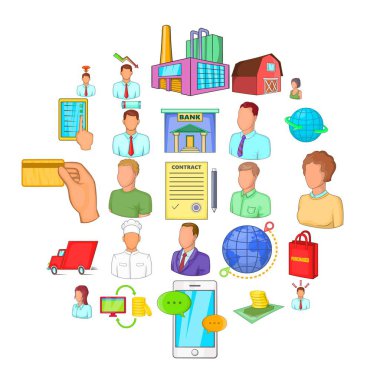 Giriş ve dağıtım Icons set, karikatür tarzı esnaf