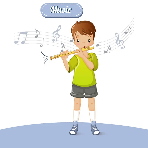Мальчик играет на музыкальном фоне, в стиле мультфильма — стоковый вектор