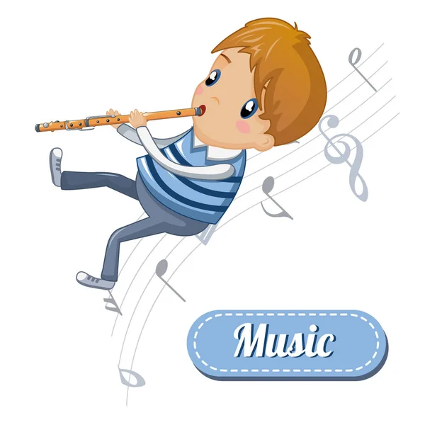 Boy play no fundo conceito de flauta, estilo dos desenhos animados — Vetor de Stock