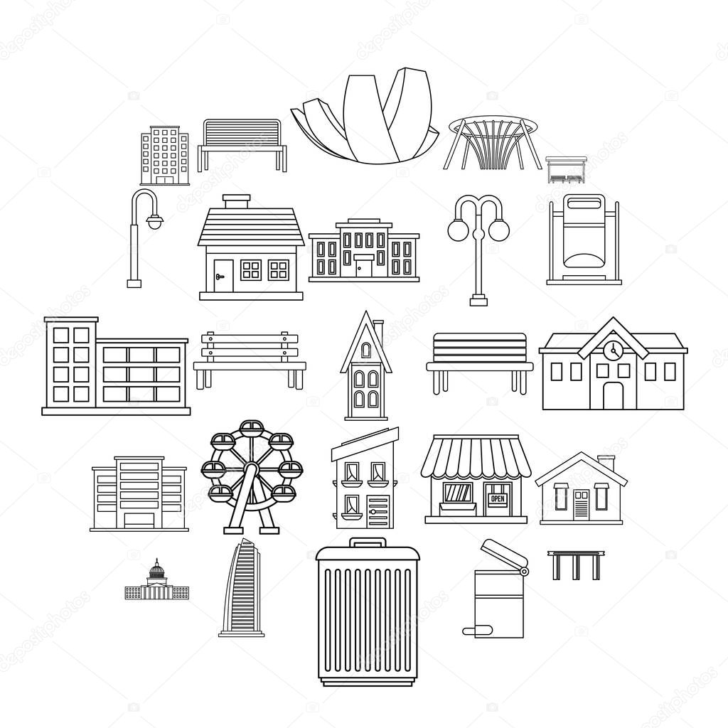 Interesting places icons set, outline style