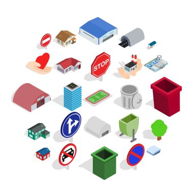 Şehir binaları Icons set, izometrik stili