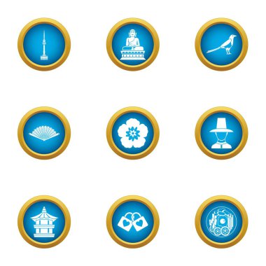 Asya gözetim Icons set, düz stil