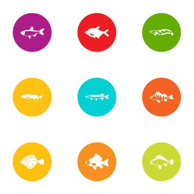 Balık Icons set, düz stil dap