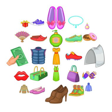 Icons set, karikatür tarzı ayakkabı satın alma