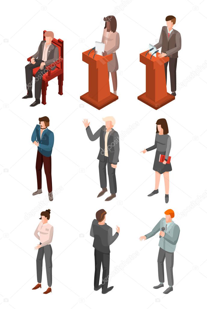 Political conference icon set, isometric style