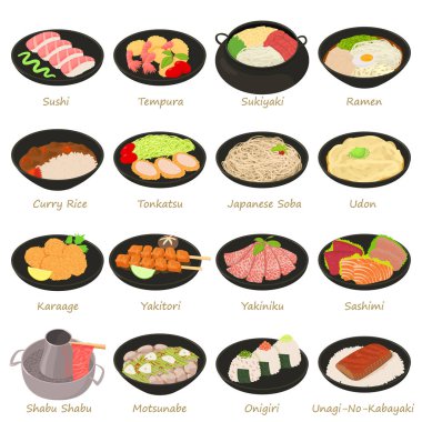 Japon yemekleri Icons set, karikatür tarzı