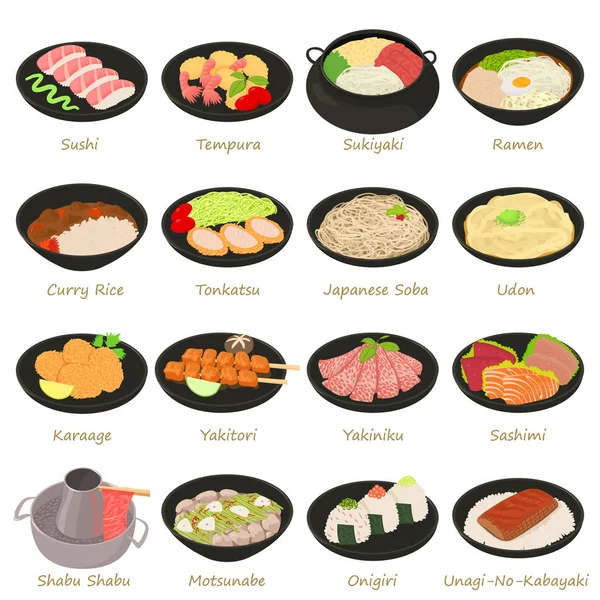 Japanese food icons set, cartoon style — Stock Vector