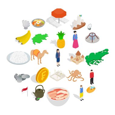 Asya binalar Icons set, izometrik stili