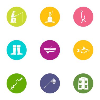 Profesyonel balıkçılık simgeler ayarla, stil düz