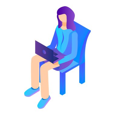 Kız oturmak sandalye simge, izometrik stil laptop ile