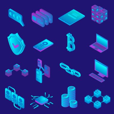 Blockchain simge seti, izometrik stili