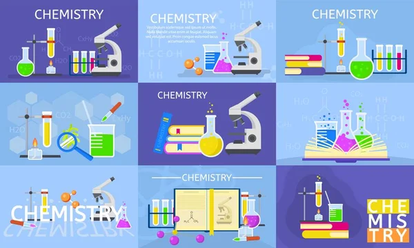 Estandarte Laboratório Química Ilustração Plana Banner Vetorial Laboratório Química Definido —  Vetores de Stock