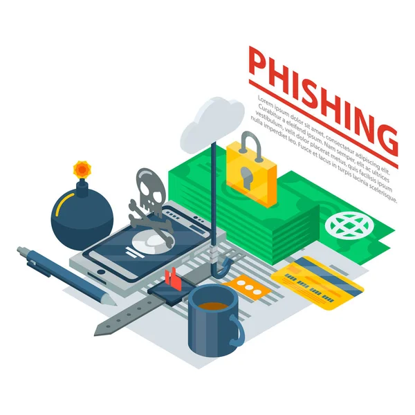 Phishing koncept pozadí, izometrický styl — Stockový vektor