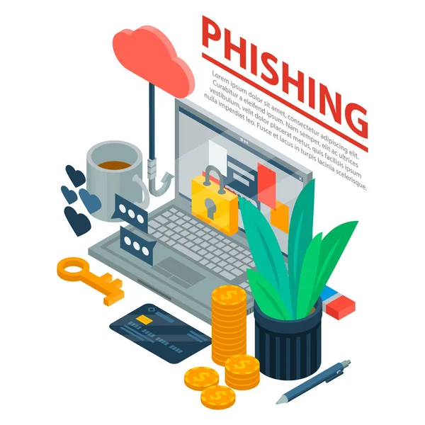 Έννοια φόντο διαδίκτυο phishing, ισομετρική στυλ — Διανυσματικό Αρχείο