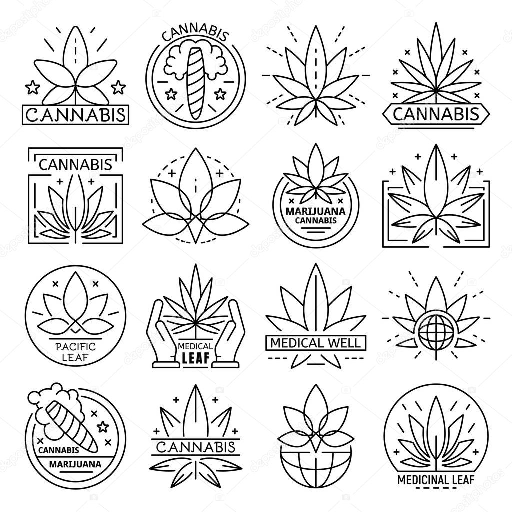 Cannabis logo set. Outline set of cannabis vector logo for web design isolated on white background