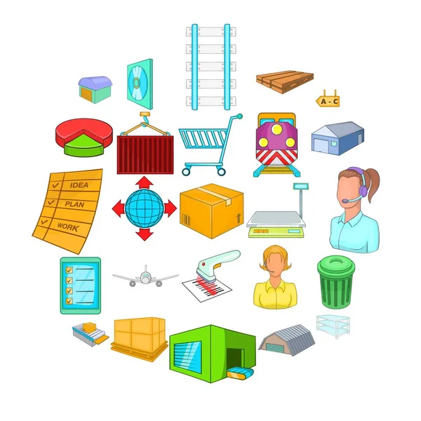 Grand ensemble d'icônes d'entrepôt, style dessin animé — Image vectorielle