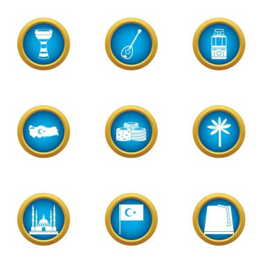 Türk ilçe Icons set, düz stil