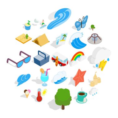 Plaj Icons set izometrik stil yalan