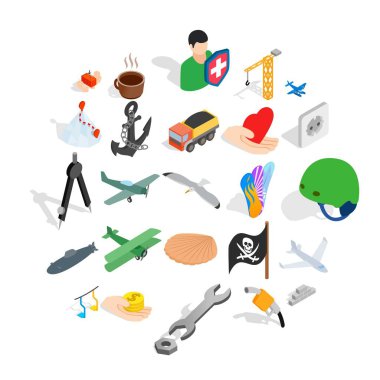 Sigorta Icons set. İzometrik beyaz arka plan üzerinde izole web için 25 sigorta vektör simge kümesi